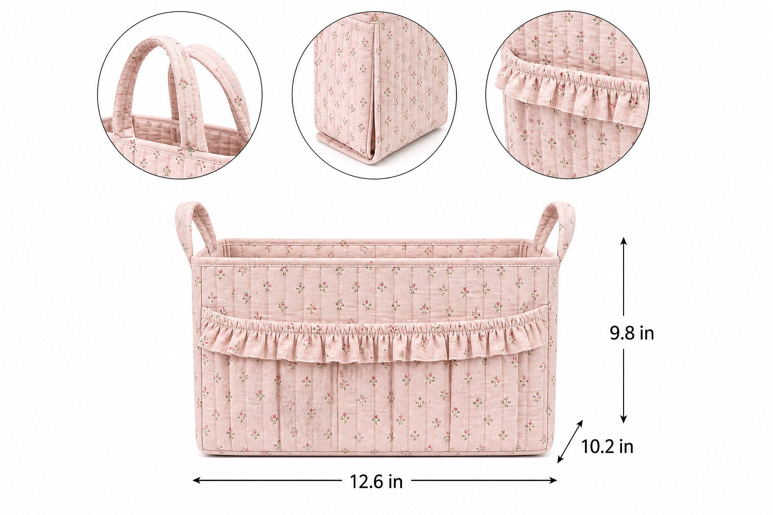 Quilted basket handles, fold-flat construction, front pocket, and dimensions